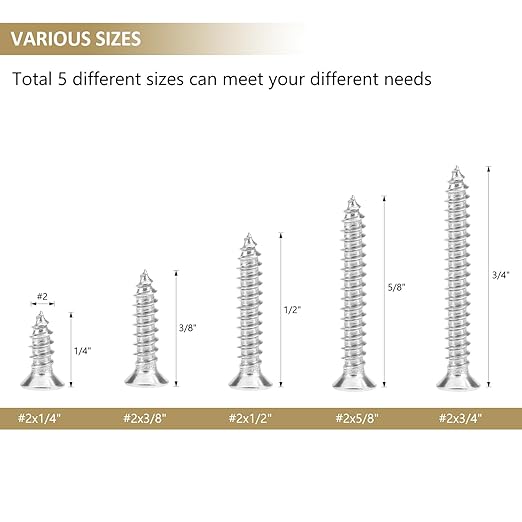 242 Pieces #2 x 1/4" 3/8" 1/2" 5/8" 3/4" Phillips Countersunk Head Self-Tapping Screws, Wood Screws Assortment Kit, 304 Stainless Steel