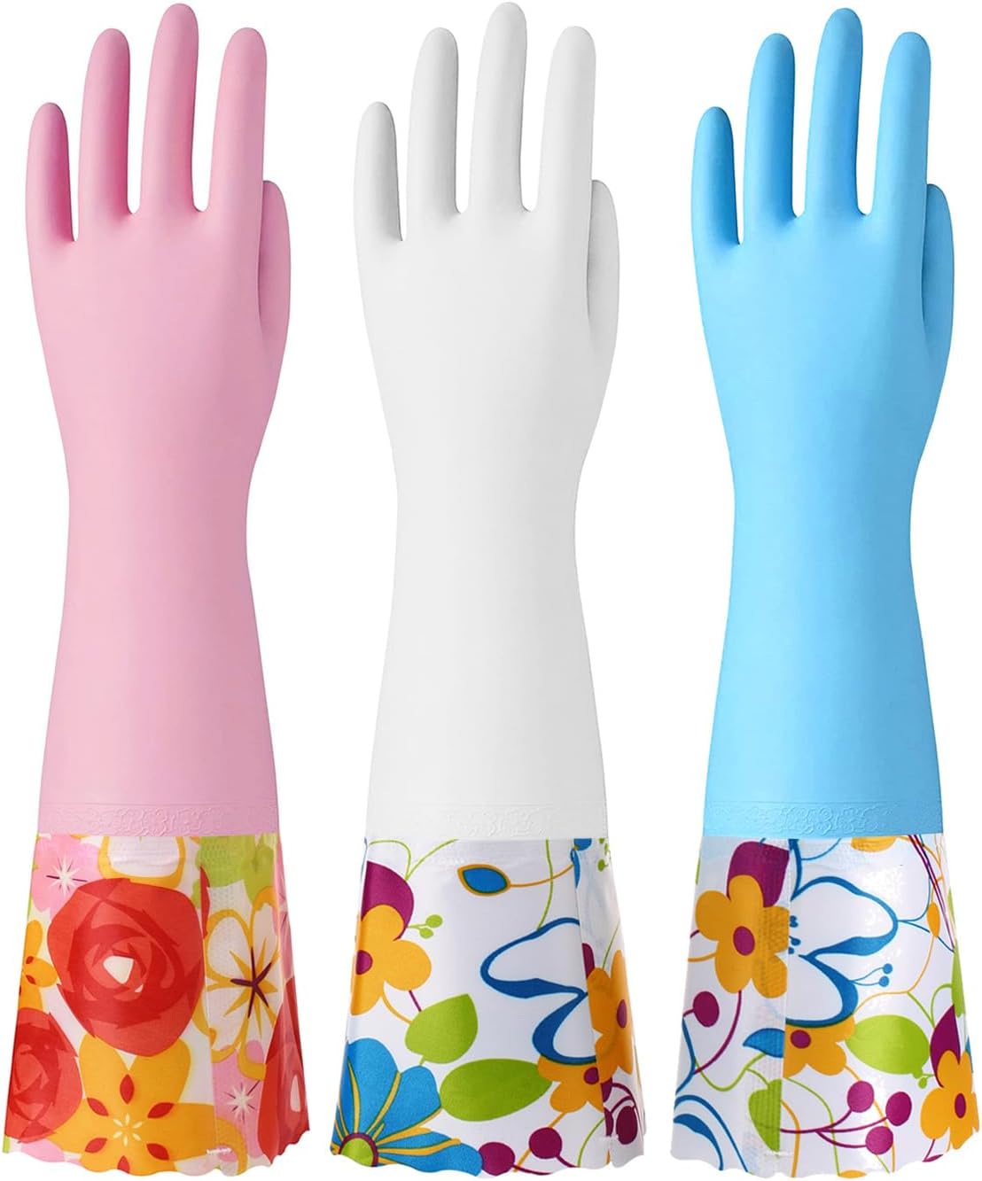 Bamllum 3 Pairs Rubber Cleaning Gloves, Household Kitchen Dishwashing Gloves with Cotton Flocked Liner, Long Cuff 16 Inches, Reusable, Non-Slip (Small, Blue+Pink+White)
