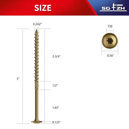#14 x 5 Inch Lag Screws (25Pcs) 1lb. Structural Wood Screw, Bronze, Carbon Steel, Washer Head, Rust Resistant epoxy Coated, T30 Star Bit