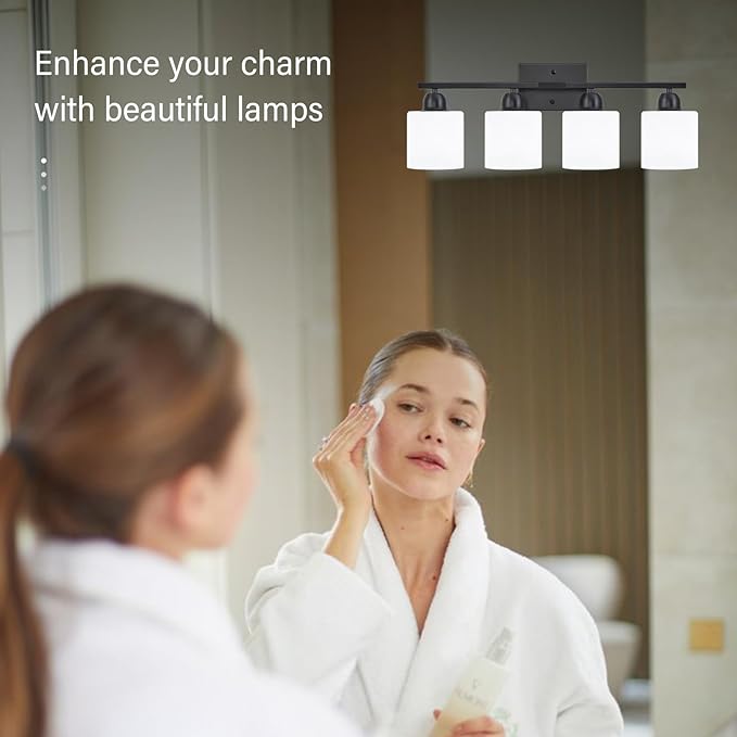 4-Light Black Bathroom Vanity Light, Light Fixtures with Milky White Frosted Glass Shades, Black Vanity Light for Bathroom Mirror, Bedroom, Living Room, Vanity Table, E26 Base