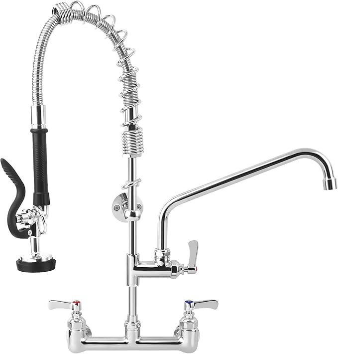 25" Height Commercial Faucet with Sprayer, 8" Adjustable Center & 12" Add-on Swing Spout, Wall Mount Pre Rinse Commercial Sink Faucet for Commercial Restaurant Industrial Kitchen (Chrome)
