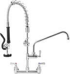 25" Height Commercial Faucet with Sprayer, 8" Adjustable Center & 12" Add-on Swing Spout, Wall Mount Pre Rinse Commercial Sink Faucet for Commercial Restaurant Industrial Kitchen (Chrome)