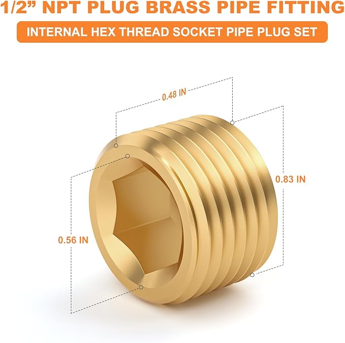 GASHER 20Pcs Brass Hex Plug Pipe Fitting, 1/2" NPT Male Pipe Plug Fitting For Closing The End Of Pipe