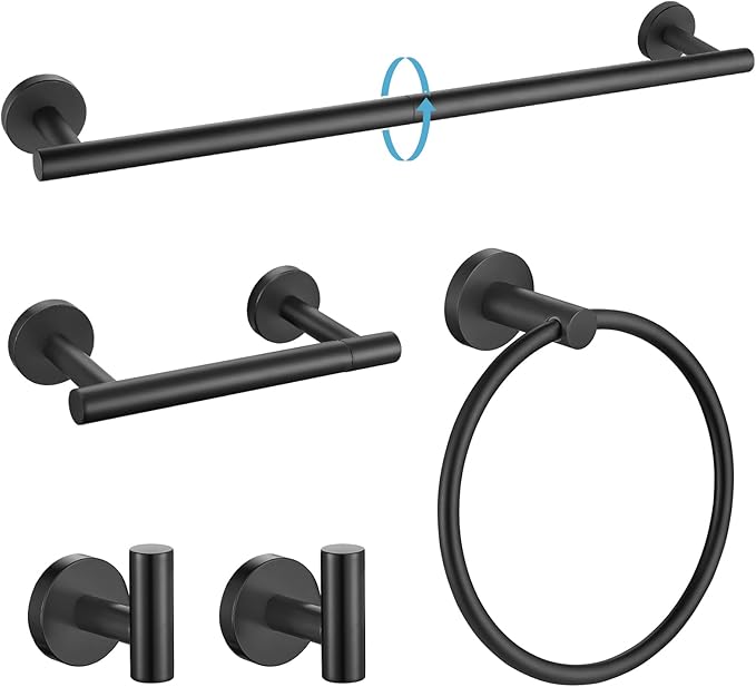 TURS Matte Black 5 Piece Bathroom Hardware Set, SUS304 Stainless Steel Bath Towel Bar Set, 24 Inch Round Bathroom Accessories Kit Wall Mounted