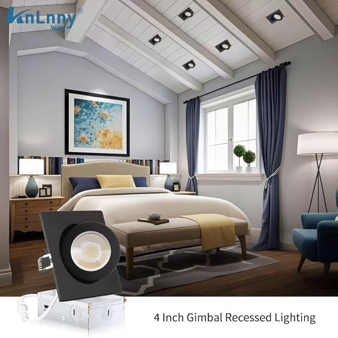 Square Black Recessed Lighting 4 Inch 6 Pack, Ajustable Eyeball recessed Light with Junction Box,5 Color Selectable,Airtight,9W 750LM,Dimmable,Black