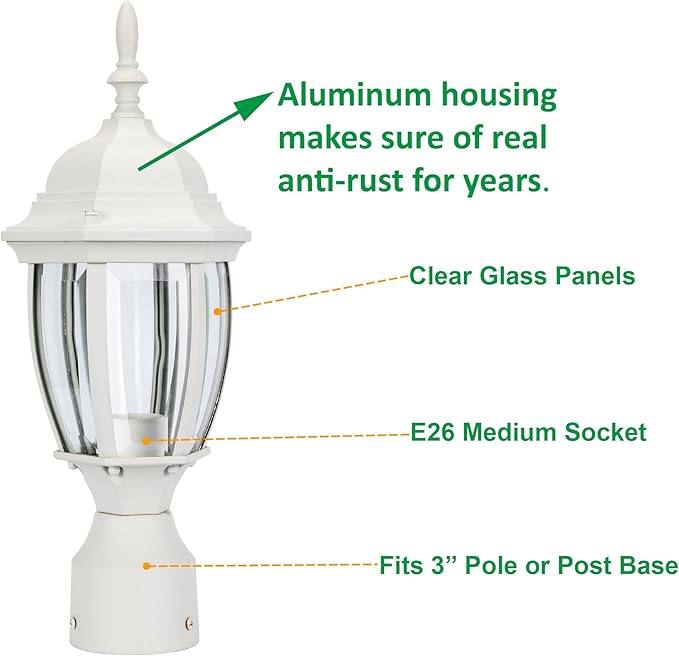 LIT-PaTH Outdoor Post Lighting Fixture Pole Lantern, E26 Medium Base Max 60W, Aluminum Housing Plus Glass, Matte White Finish, 1-Pack