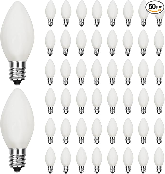 50 Pack C7 White Christmas Light Bulbs, C7 Vintage Christmas Night Light Bulbs for Outdoor String Lights, 5W Incandescent Replacement Bulbs for Porch Patio Garden Holiday Decor, E12 Intermediate Base