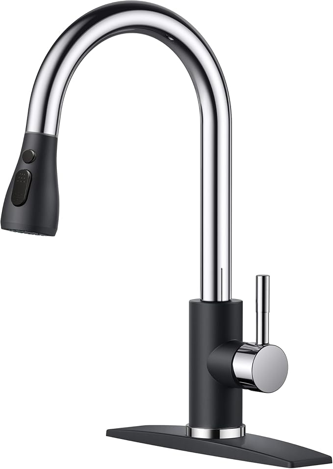FORIOUS Kitchen Faucets with Pull Down Sprayer, High Arc Single Handle Classic Stainless Steel Sink Faucet 1 or 3 Hole, Suitable for Farmhouse Camper Laundry Rv Bar, Black Chrome