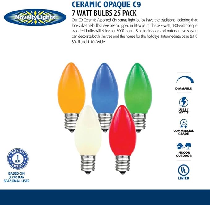 Novelty Lights 5 Pack C9 Ceramic Outdoor Christmas Replacement Bulbs, Multi, E17/C9 Intermediate Base, 7 Watt
