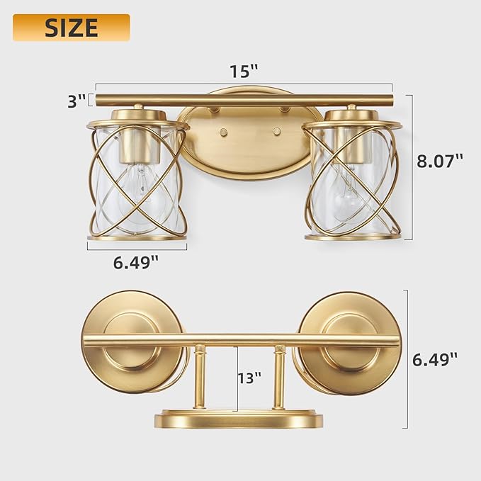 Mavcadonf Modern Vanity Lights with Cage Shade, 2 Lights Over Mirror, Brushed Gold Vanity Light for Bathroom, Kitchen, Bedroom
