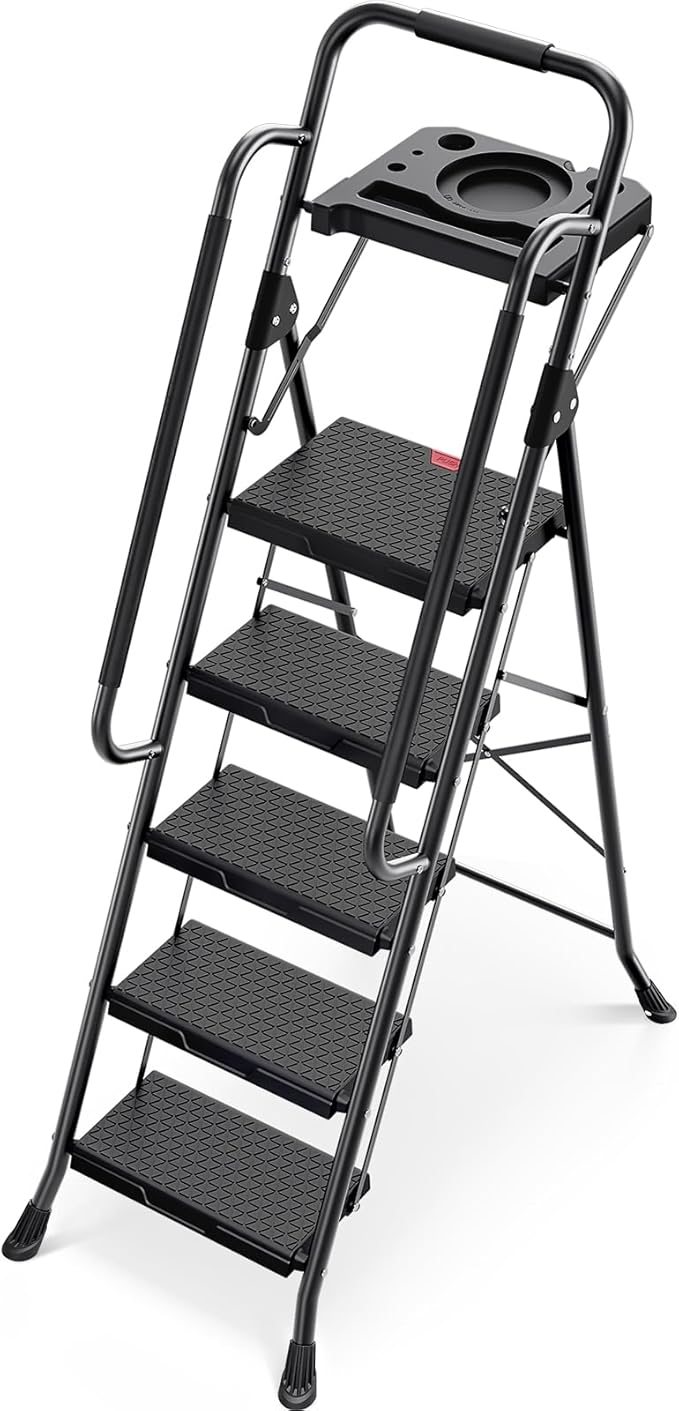 KINGRACK Step Ladder, Portable Folding Step Stool with Anti-Slip Wide Pedals, Heavy Sturdy Steel with Handrail, Safe-Lock Design, 800lbs Load Capacity, for Home and Kitchen, Black (5 Step Ladder)