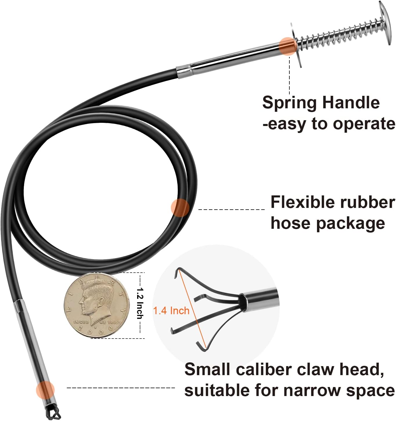 Small Caliber Flexible Grabber Tools 24'' Four-claw Pickup Tool Pick Up Items In Narrow Space Flexible Waste Picking Tool for Engine Bay/Home Sink/Earring (Not magnetic)