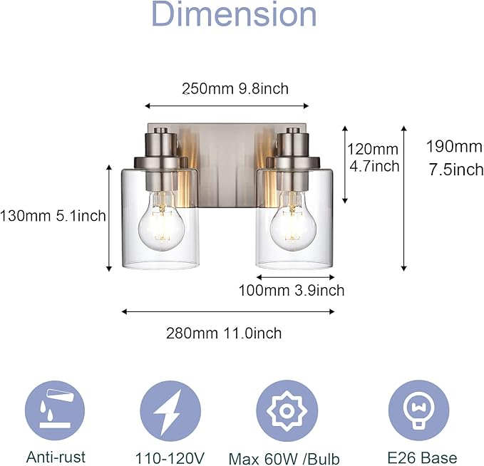2 Light Vanity Light Fixtures - Brushed Nickel, Modern Design with Clear Glass Shade, Farmhouse Style Over Mirror Lighting