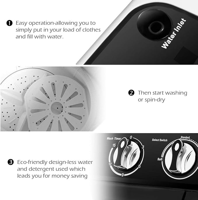Giantex Portable Compact 13 Lbs Mini Twin Tub Washing Machine Washer Spin Dryer (Black&White)