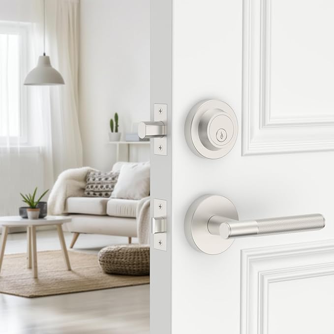 Amerdeco Front Door Lock Set with Double Cylinder Deadbolt, Exterior Entry Door Lever, Heavy Duty Entry Door Locksets for Left or Right Hand Exterior Door（Satin Nickel 1 Pack）