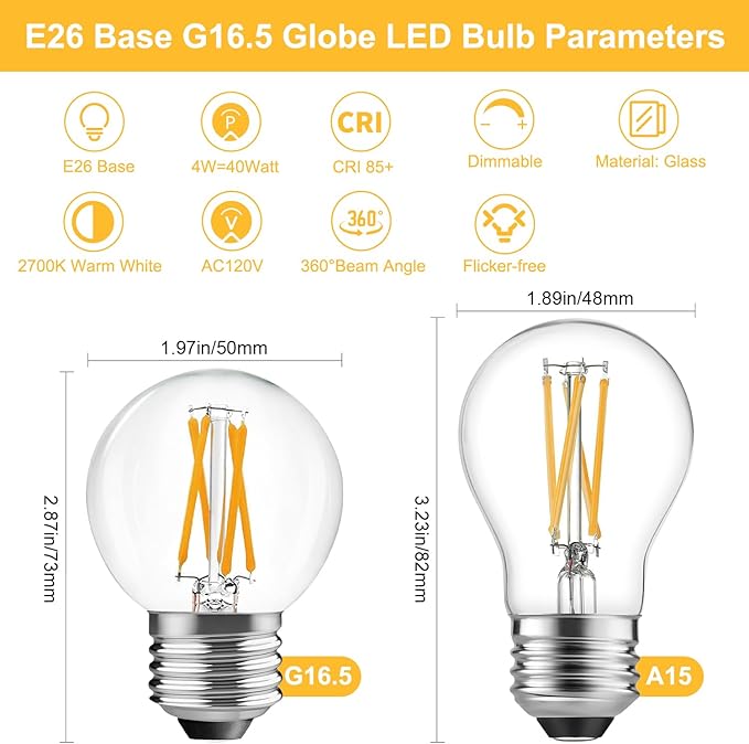 BRIMAX 10 Pack G16.5 LED Light Bulbs 40 Watt, E26 Dimmable Small Globe LED Bulbs 4 Watt Edison Bulb 2700K Warm White,AC120V,Flicker Free for Ceiling Fans Pendant Chandelier Vanity Wall Sconce