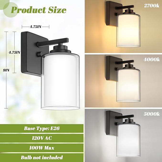 Set of 2 Wall Sconces for Bathroom, Modern Vanity Light Fixtures, Matte Black Wall Mount Lighting Lanterns, Farmhouse Wall Lights with Double Clear Glass Shade for Bedroom Living Room Mirror Hallway