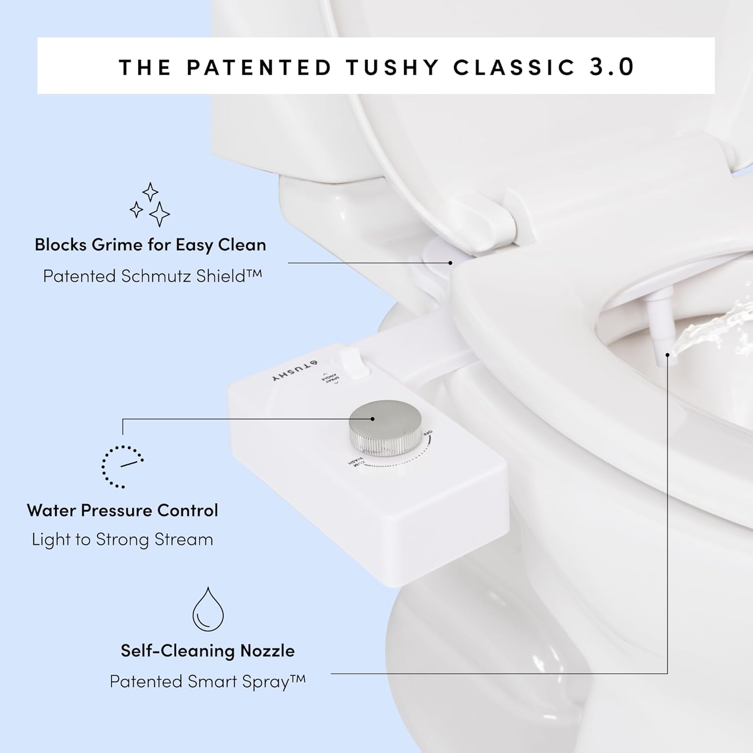 TUSHY Classic 3.0 Bidet Toilet Seat Attachment - A Non-Electric Self Cleaning Water Sprayer with Adjustable Water Pressure Nozzle, Angle Control & Easy Home Installation (Platinum)