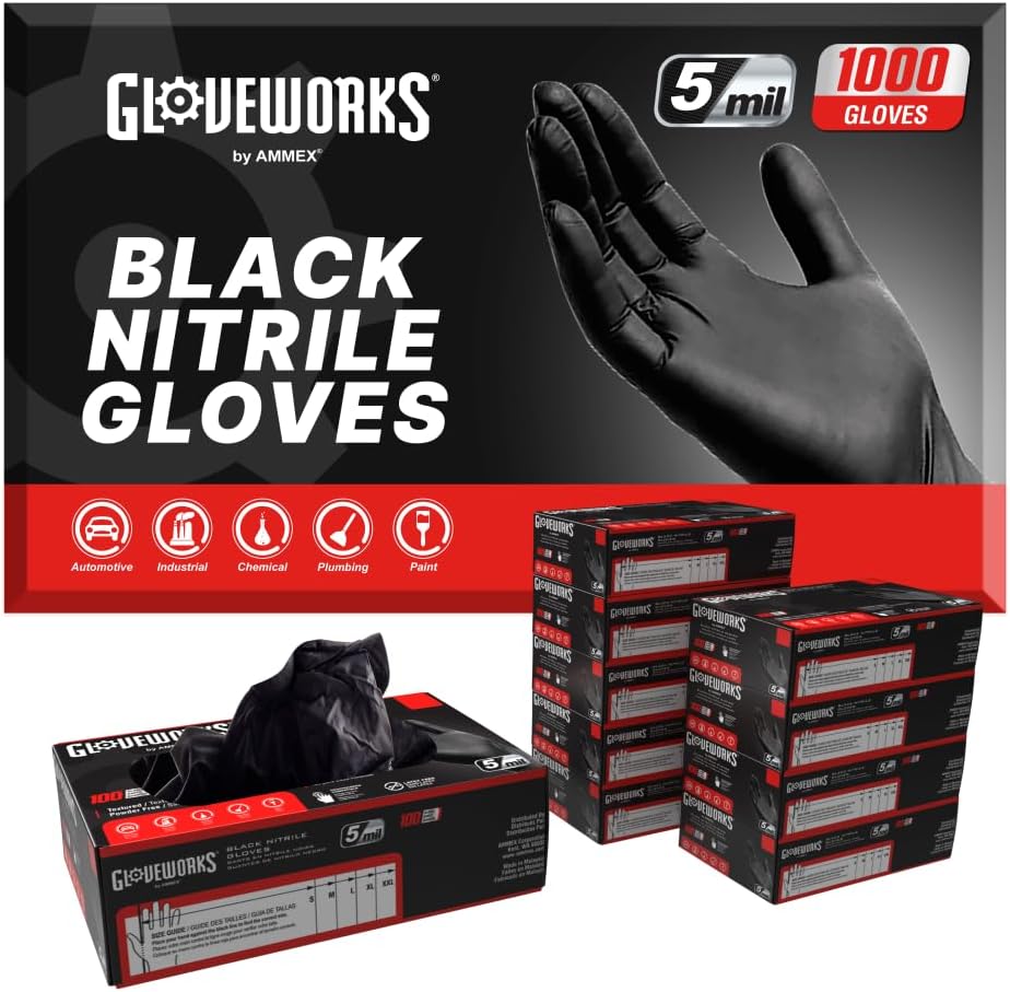 GLOVEWORKS Black Nitrile Gloves Disposable Latex Free, 5 Mil Industrial, For Mechanic, Cleaning, Cooking, Kitchen, Food Grade