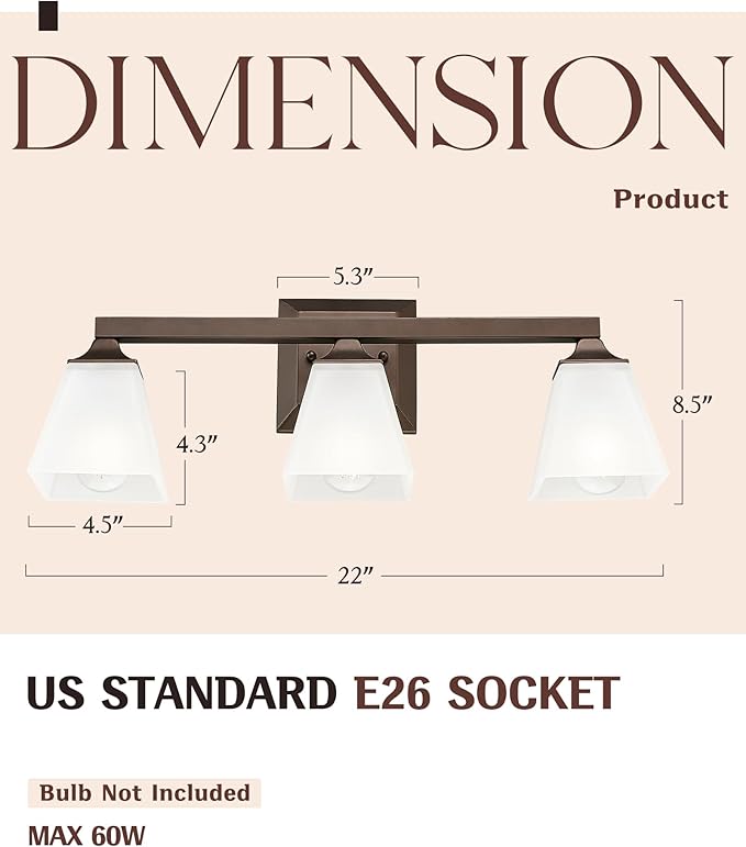 Bathroom Lighting Fixtures, HWH 3-Light Vanity Light Fixture Over Mirror, Farmhouse Wall Sconce Lighting with Frosted White Square Bell Glass, Oil-Rubbed Bronze Finish, 5HY68BG1-3W ORB