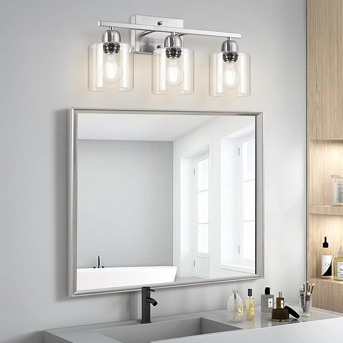 Modern Brushed Nickel 3 Light 19 inch Vanity Lights for Bathroom with Clear Glass, Bathroom Lighting Fixtures Over Mirror for Mirror Kitchen Living Room Hallway Cabinet Porch