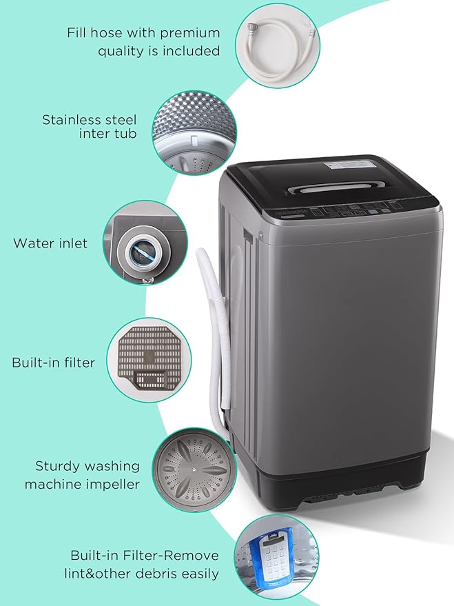 17.7 lbs Washing Machine with Drain Pump, Full Automatic Washer with 10 Wash Programs 8 Water Levels for Home, Apartment, RVs, Dorm, Grey