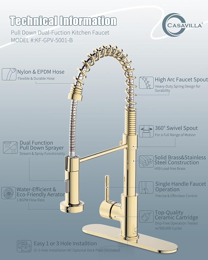 Gold Kitchen Faucet with Soap Dispenser, Pull Down Kitchen Faucet with Sprayer, Single Handle Kitchen Sink Faucet with Dual Function Spray Head, Camper Laundry RV Faucet,PVD