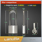 LanuBe 304 Stainless Steel Keyed Alike Padlocks for Outdoor use, Pin Tumbler Padlock, 2 inch Wide Body, Stainless Steel Body Long Shackle, Pack of 2