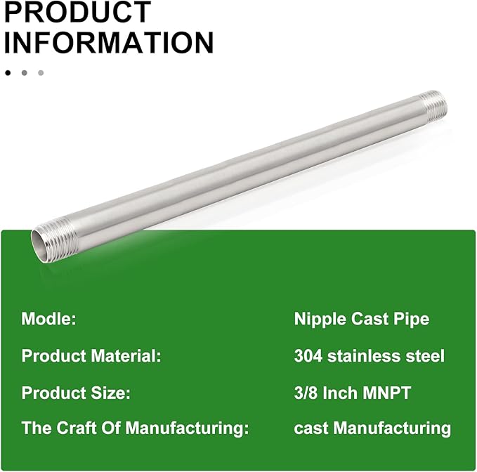 TAISHER 2Pcs Stainless Steel Pipe Fittings, 3/8" NPT x 3/8" NPT Male Threaded, 12" Length Nipple Cast Pipe