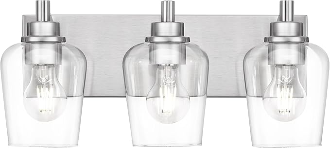 Bathroom Light Fixtures, 3-Light Modern Vanity Light with Clear Glass Wine Glass-Shaped Shade, Vanity Lighting Fixtures Over Mirror, Brushed Nickel, VL155-BN-3