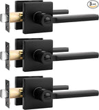 Probrico Privacy Black Door Handle Interior Lockset Heavy Duty Square Door Lever for Bedroom or Bathroom Reversible Keyless Slim Handleset Door Knob 3 Pack