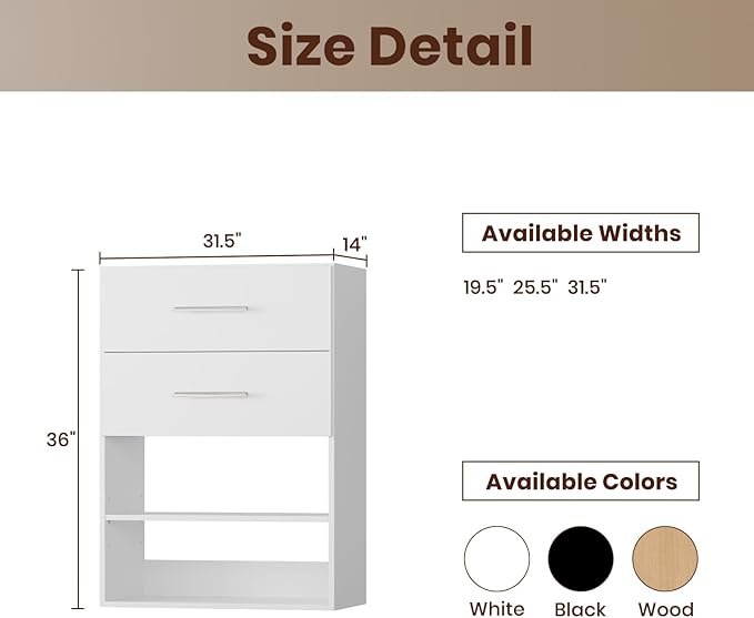 ROOMTEC 31.5" 2 Drawer Short Tower Closet Unit, Modular Closet System with Drawers and Shelf, Wardrobe Organizer for Bedroom or Walk-in Closet, Wall Mounted, Customizable Clothes Storage Unit, White