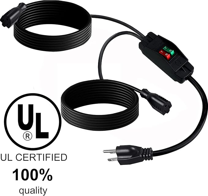 2 Way Extension Cord with On/Off Switch 3 Prong Outdoor Extension Cord Splitter, Heavy Duty Extension Cord with SJTW 14AWG 15A/125V and 18AWG 10A/125V(10 Ft, Black)