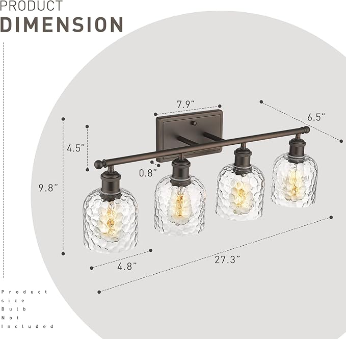 zeyu 4 Light Fixtures for Bathroom Above Mirror, Vintage Vanity Lighting Fixtures, Oil Rubbed Bronze Finish with Clear Hammered Glass, ZJF63B-4W ORB