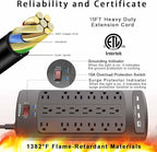 18 Outlets Surge Protector Power Strip - 15 Feet Flat Plug Heavy Duty Extension Cord with 18 Widely Outlets and 4 USB Ports, 2100 Joules, Black, ETL Listed