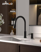 APPASO 2 Hole Kitchen Faucet, 3 Modes Matte Black Kitchen Faucet with Pull Down Sprayer, High Arch Kitchen Sink Faucet with Side Single Handle 2 Pieces