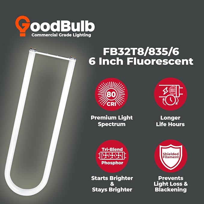 GoodBulb 32-Watt 6 Inch T8 Fluorescent U-Bend Light Bulb 3500K Soft White Light Color Medium Bi-Pin Base High Output 3050 Lumens 10000 Life Hours 80 CRI Pack of 10 Bulbs