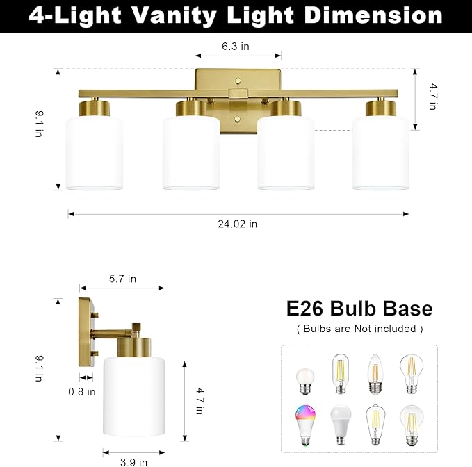 Brushed Gold Bathroom Light Fixtures, 4-Light Modern Vanity Light Over Mirror, Wall Sconces with Milky White Frosted Glass Shades, E26 Socket (Bulbs Not Included)