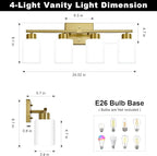 Brushed Gold Bathroom Light Fixtures, 4-Light Modern Vanity Light Over Mirror, Wall Sconces with Milky White Frosted Glass Shades, E26 Socket (Bulbs Not Included)