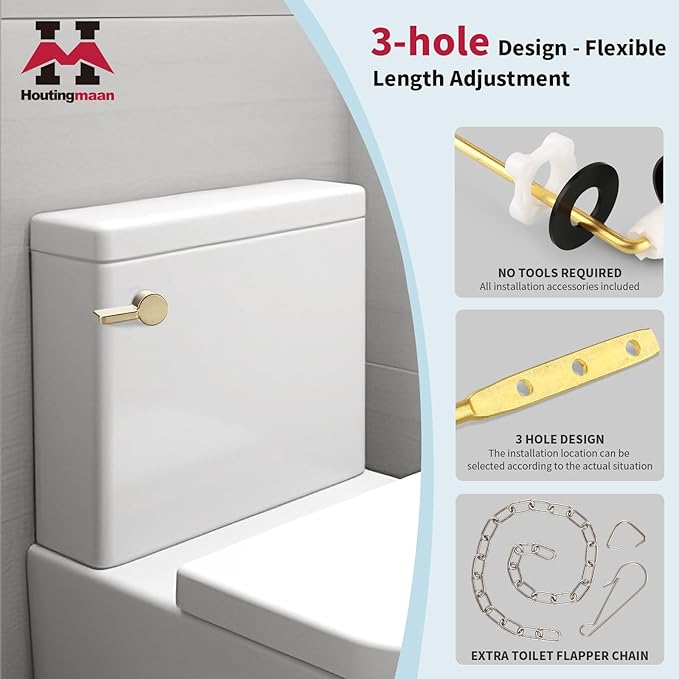 Houtingmaan Toilet Handle Replacement Kit,Toilet Handle Lever for Most Front Mount Toilets, Universal Brass Toliet Flush Handle Lever with Stainless Steel Flapper Chain,Gold
