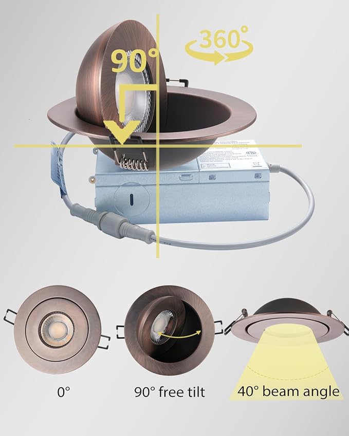 Canless Gimbal LED 4-inch - Swivel 90° tilt 360° Rotation Adjustable 6PACK 4" dimmable Eyeball LED Wafer recessed retrofit Ceiling Spotlight Can Light Oil Rubbed Bronze 4 inch 6 Pack