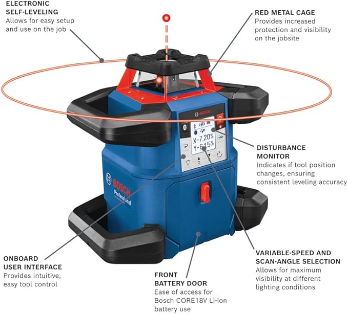 BOSCH GRL4000-80CHV REVOLVE 18V Connected Self-Leveling Horizontal/Vertical Rotary Laser, Includes CORE18V 4 Ah Battery & Charger, Receiver, Wall Mount, Remote Control, Carrying Case, & Accessories