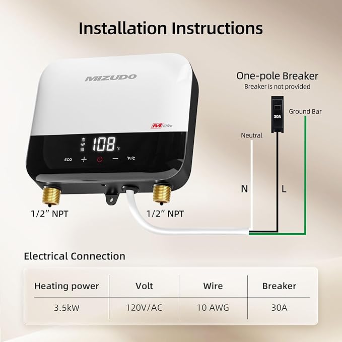 MIZUDO 3.5kW Tankless Water Heater Electric, 120V White