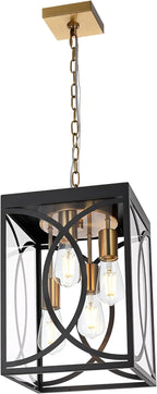 4-Lights Large Outdoor Pendant Light Fixture, E26 Bulb Base Porch Hanging Lighting in Black & Brushed Brass, Modern Exterior Lantern Chandelier Ceiling Mount for Patio Front Door