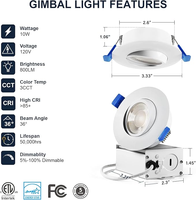 Sublimation 3 Inch led recessed Light 1 Packs,Waterproof recessed Lights for Shower，Ultra-Thin 10w with Junction Box,3 Colors Adjustable,Suitable for Bathroom,Parlor,Bedroom,Kitchen,Balcony