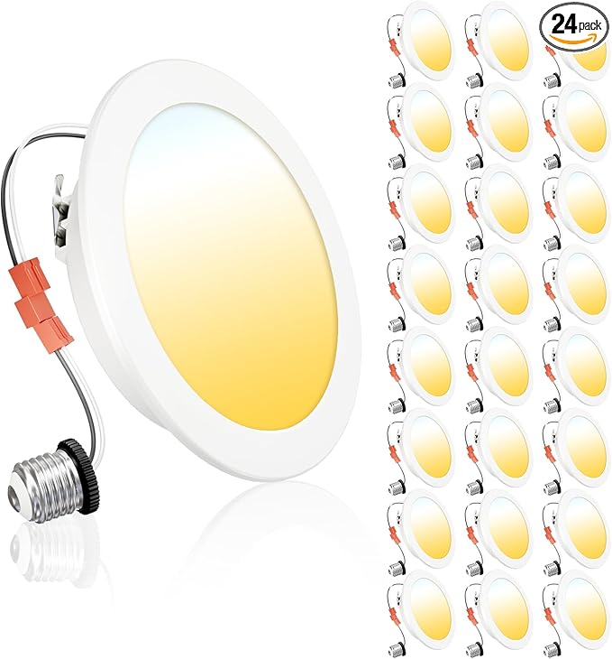 Ensenior 4 Inch LED Recessed Lighting 24 Pack, Dimmable Flat LED Can Lights, 5CCT Adjustable Color Temperature (2700K-5000K), 7W=77W 700LM, IC & Damp Rated, FCC