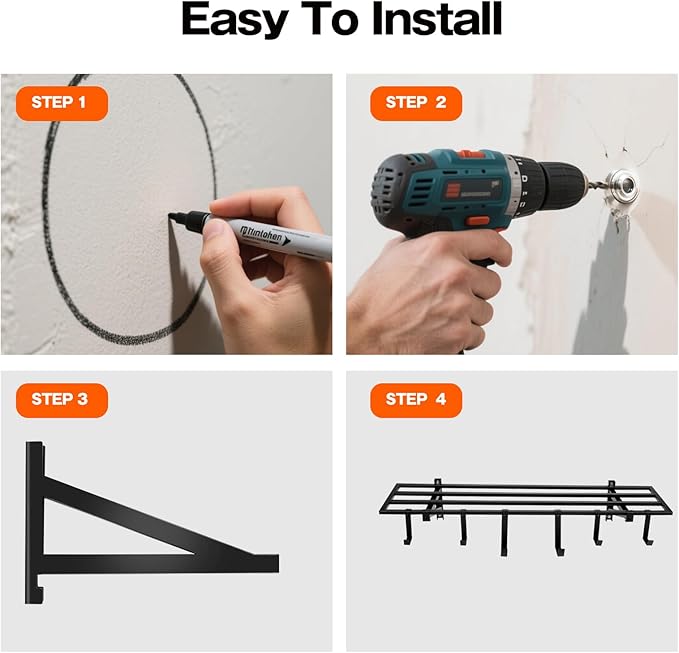 Garage Wall Shelving, 1X4 ft Garage Storage Rack,Heavy Duty Wall Mounted Storage Shelf With 12 Hooks-Each Loads 200lbs Metal Wall Shelf,Black,2Pack