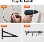 Garage Wall Shelving, 1X4 ft Garage Storage Rack,Heavy Duty Wall Mounted Storage Shelf With 12 Hooks-Each Loads 200lbs Metal Wall Shelf,Black,2Pack