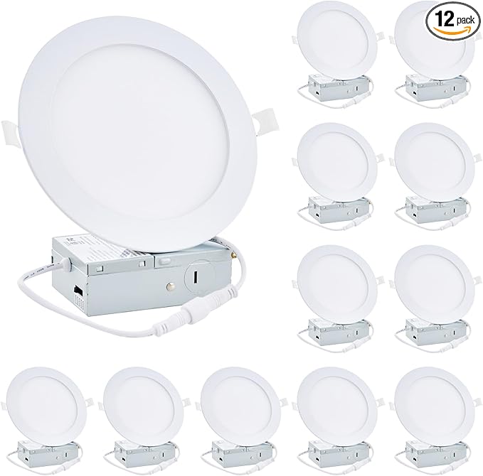 12 Pack 6 Inch Ultra-Thin LED Recessed Light with Junction Box 5CCT Adjustable Dimmable Can-Killer Downlight,1100LM, 12W, 120V, ETL FCC