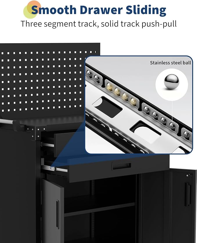 GarveeHome Rolling Tool Cabinet, Heavy Duty Steel Garage Storage Cabinet with 2 Drawers, Pegboard & 4 Wheels, Lockable Tool Cart Workbench for Workshop, Warehouse